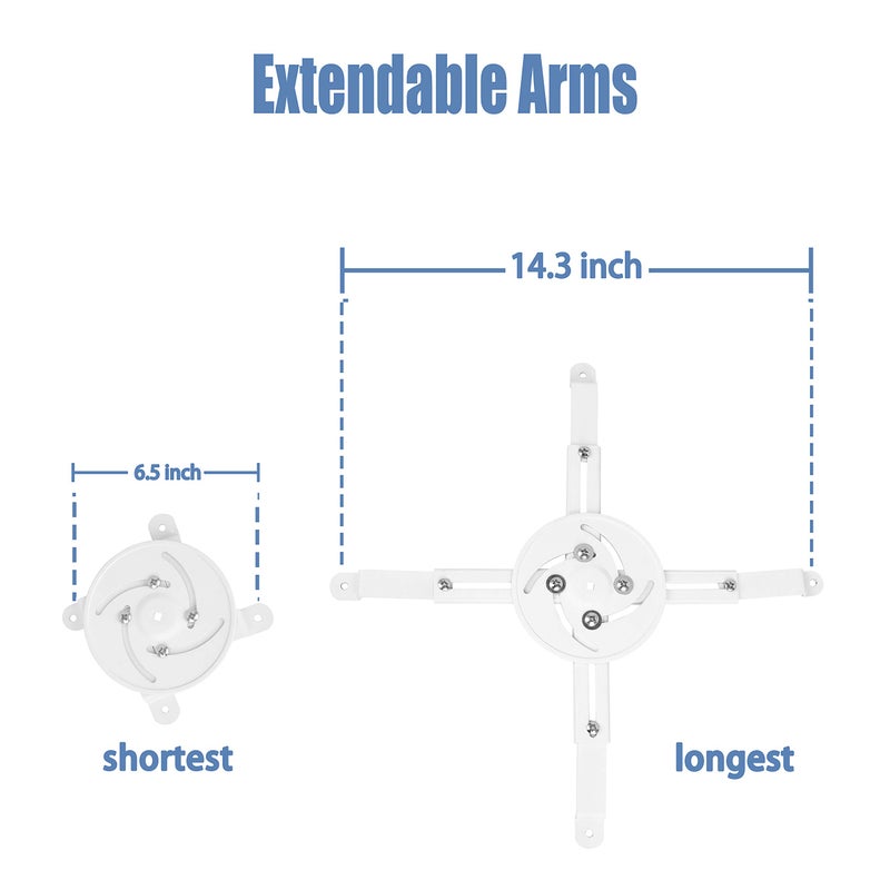 DYNAVISTA Full Motion Universal Projector Ceiling Mount Bracket with Adjustable Extendable Arms Rotating Swivel Tilt and Low Profile Mount for Home and Office Projector (White) - Image 4